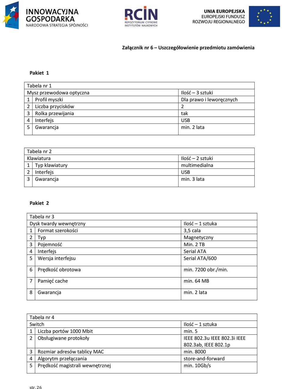 3 lata Pakiet 2 Tabela nr 3 Dysk twardy wewnętrzny Ilość 1 sztuka 1 Format szerokości 3,5 cala 2 Typ Magnetyczny 3 Pojemność Min.