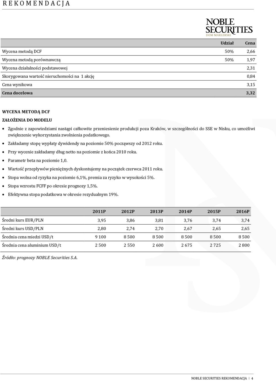 podatkowego. Zakładamy stopę wypłaty dywidendy na poziomie 50% począwszy od 2012 roku. Przy wycenie zakładamy dług netto na poziomie z końca 2010 roku. Parametr beta na poziomie 1,0.