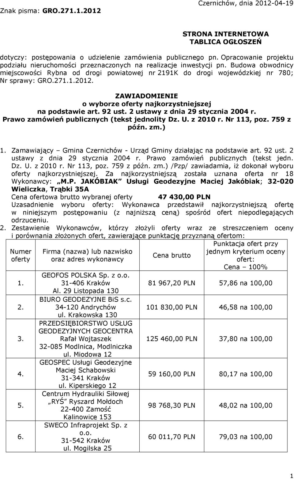 271.1.2012. ZAWIADOMIENIE o wyborze oferty najkorzystniejszej na podstawie art. 92 ust. 2 ustawy z dnia 29 stycznia 2004 r. Prawo zamówień publicznych (tekst jednolity Dz. U. z 2010 r. Nr 113, poz.