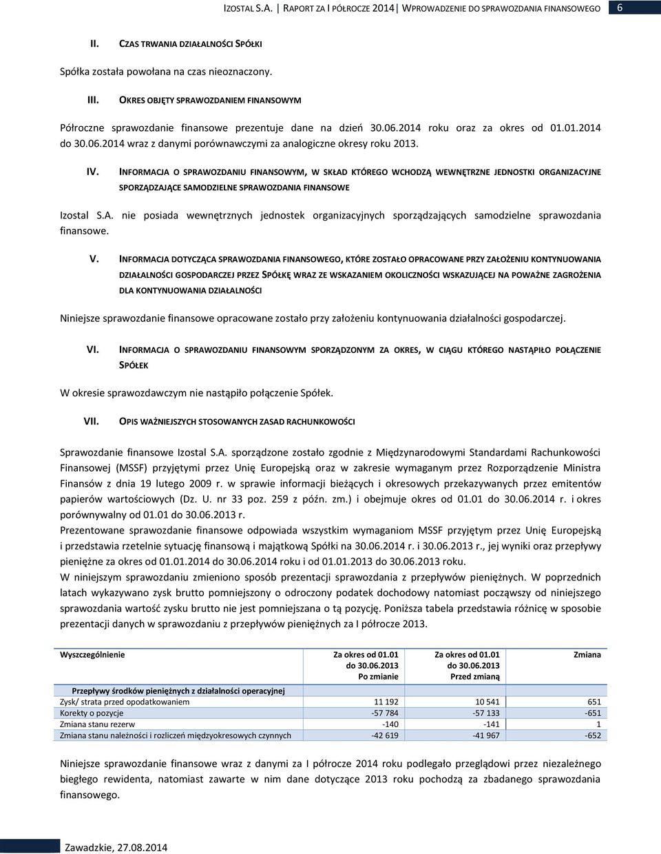 IV. INFORMACJA O SPRAWOZDANIU FINANSOWYM, W SKŁAD KTÓREGO WCHODZĄ WEWNĘTRZNE JEDNOSTKI ORGANIZACYJNE SPORZĄDZAJĄCE SAMODZIELNE SPRAWOZDANIA FINANSOWE Izostal S.A. nie posiada wewnętrznych jednostek organizacyjnych sporządzających samodzielne sprawozdania finansowe.