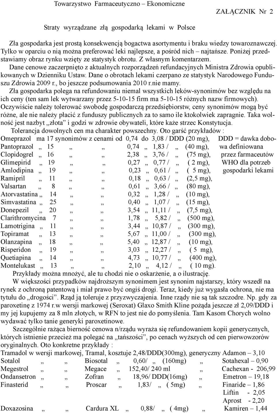 Dane cenowe zaczerpnięto z aktualnych rozporządzeń refundacyjnych Ministra Zdrowia opublikowanych w Dzienniku Ustaw. Dane o obrotach lekami czerpano ze statystyk Narodowego Funduszu Zdrowia 2009 r.