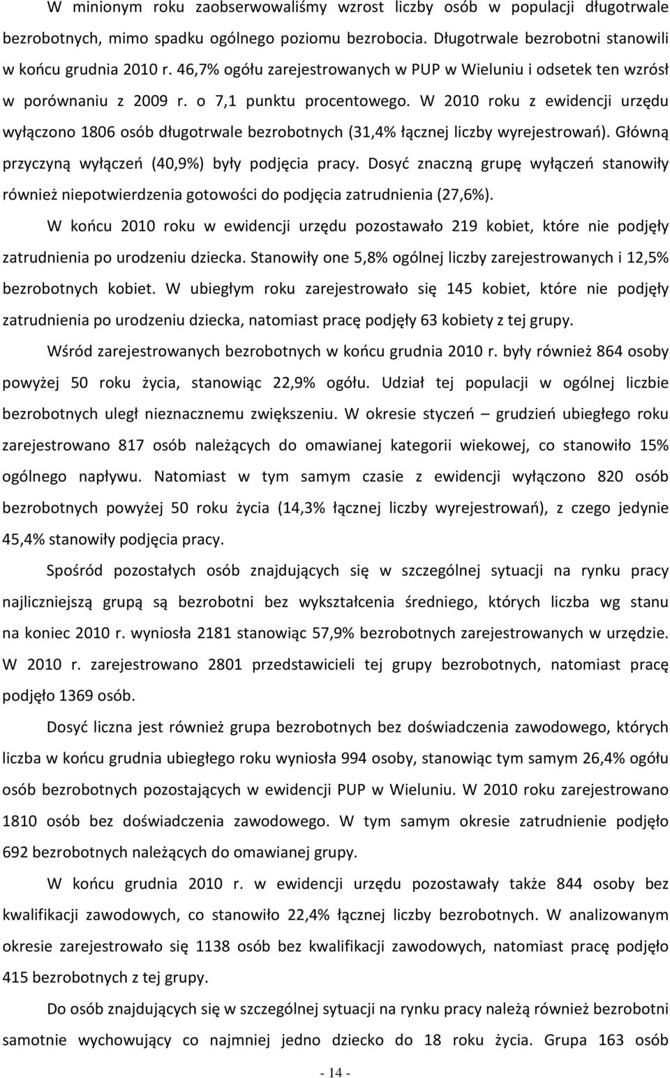 W 2010 ru z ewidencji urzędu wyłączn 1806 só długtrwle ezrtnych (31,4% łącznej liczy wyrejestrwń). Główną przyczyną wyłączeń (40,9%) yły pdjęci prcy.