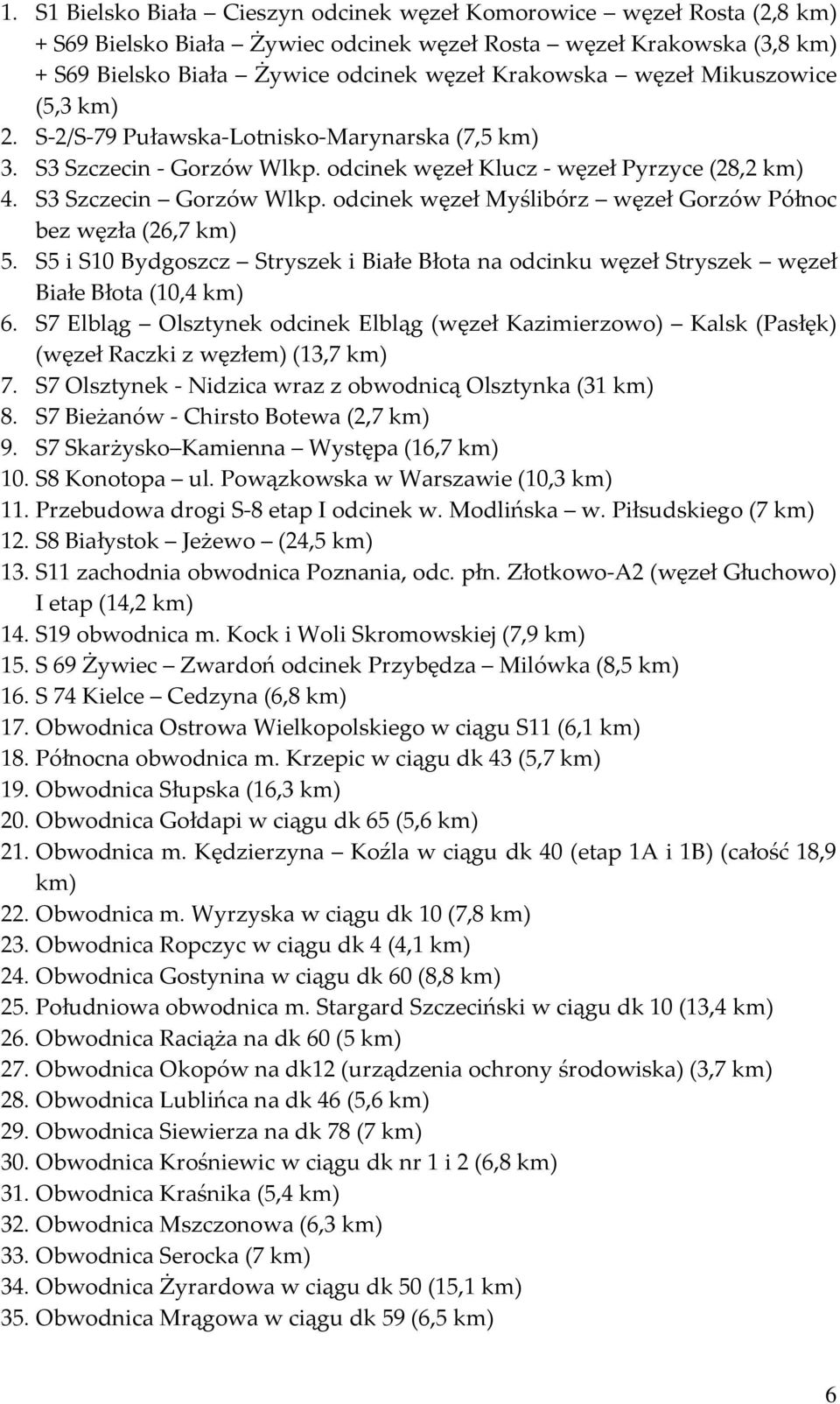 odcinek węzeł Myślibórz węzeł Gorzów Północ bez węzła (26,7 km) 5. S5 i S10 Bydgoszcz Stryszek i Białe Błota na odcinku węzeł Stryszek węzeł Białe Błota (10,4 km) 6.