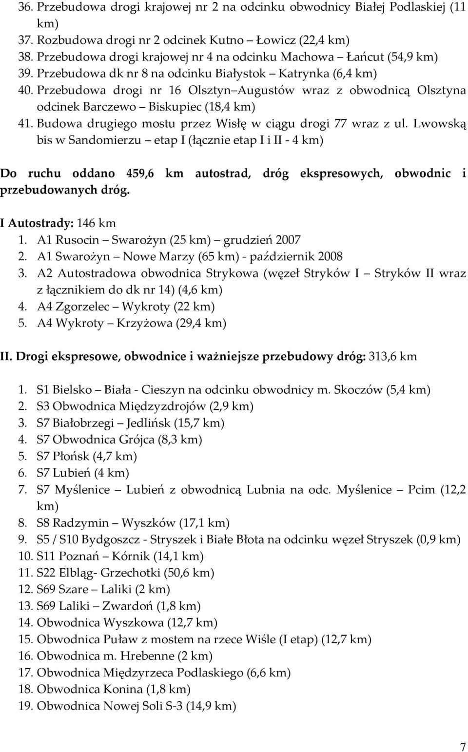 Przebudowa drogi nr 16 Olsztyn Augustów wraz z obwodnicą Olsztyna odcinek Barczewo Biskupiec (18,4 km) 41. Budowa drugiego mostu przez Wisłę w ciągu drogi 77 wraz z ul.