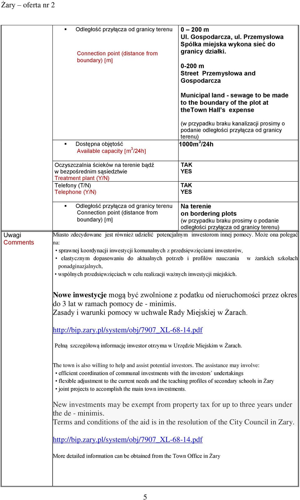 na terenie bądź w bezpośrednim sąsiedztwie Treatment plant (Y/N) Telefony (T/N) Telephone (Y/N) (w przypadku braku kanalizacji prosimy o podanie odległości przyłącza od granicy terenu) 1000m 3 /24h