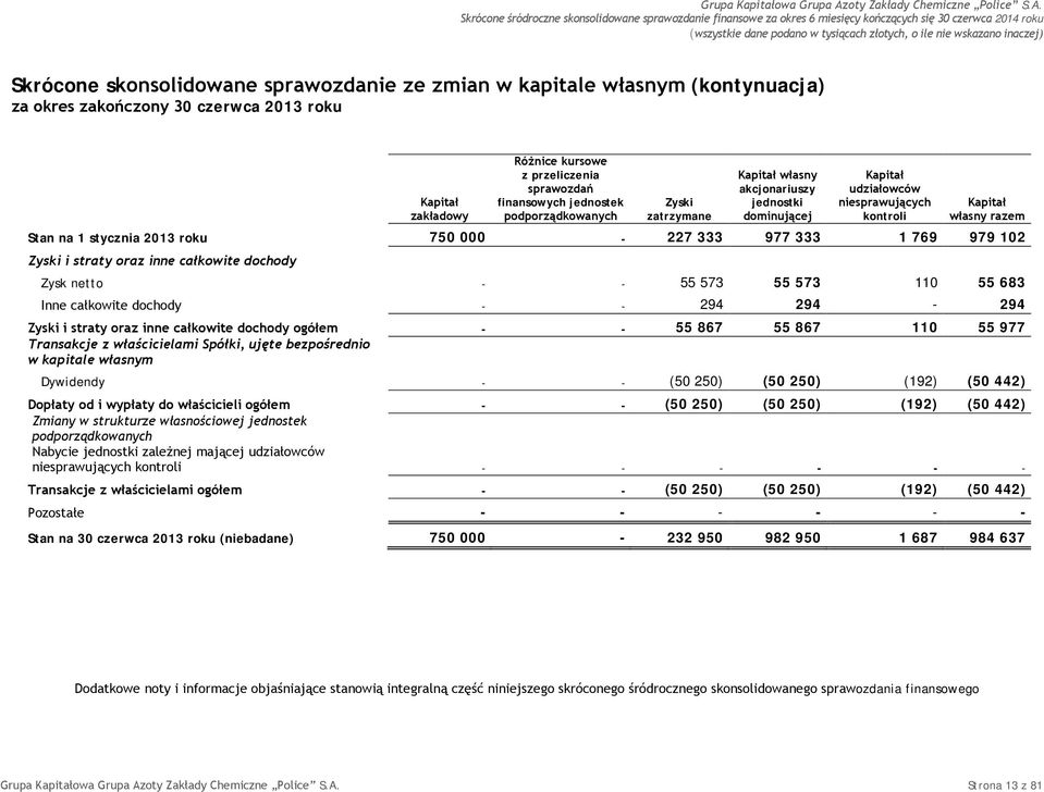 udziałowców niesprawujących kontroli Kapitał własny razem Stan na 1 stycznia 2013 roku 750 000-227 333 977 333 1 769 979 102 Zyski i straty oraz inne całkowite dochody Zysk netto - - 55 573 55 573