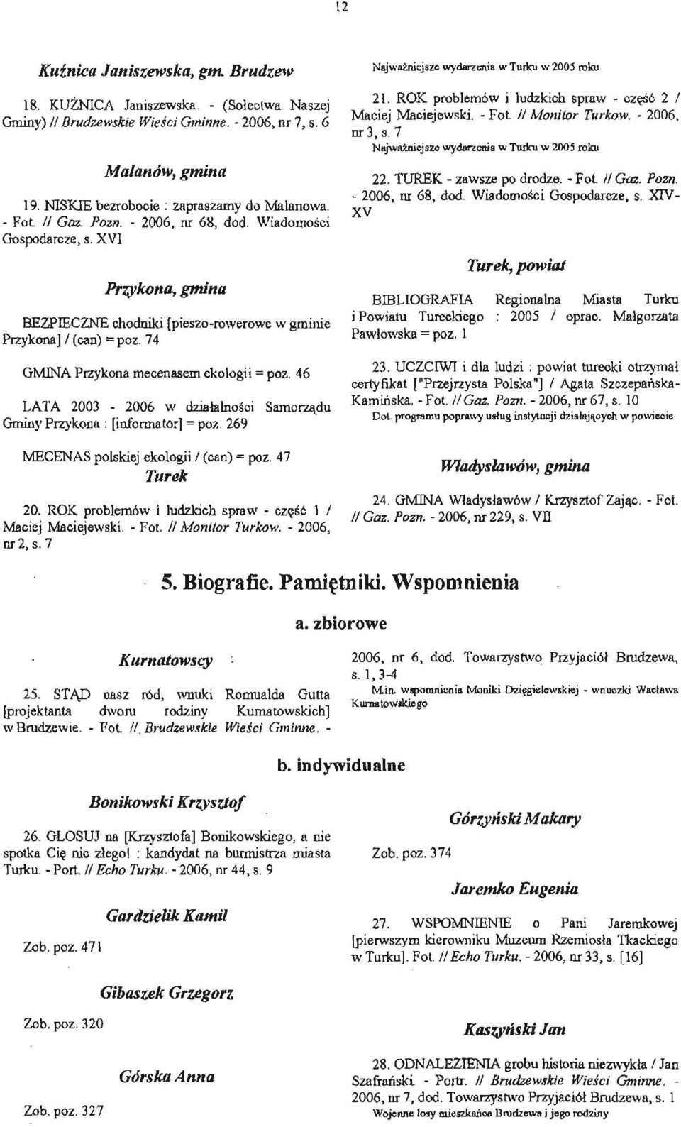 74 GMINA Przykona mecenasem ekologii = poz. 46 LATA 2003-2006 w działalno ści Samorządu Gminy Przykona : [informator] = poz. 269 MECENAS polskiej ekologii I (can) = poz. 47 Turek 20.