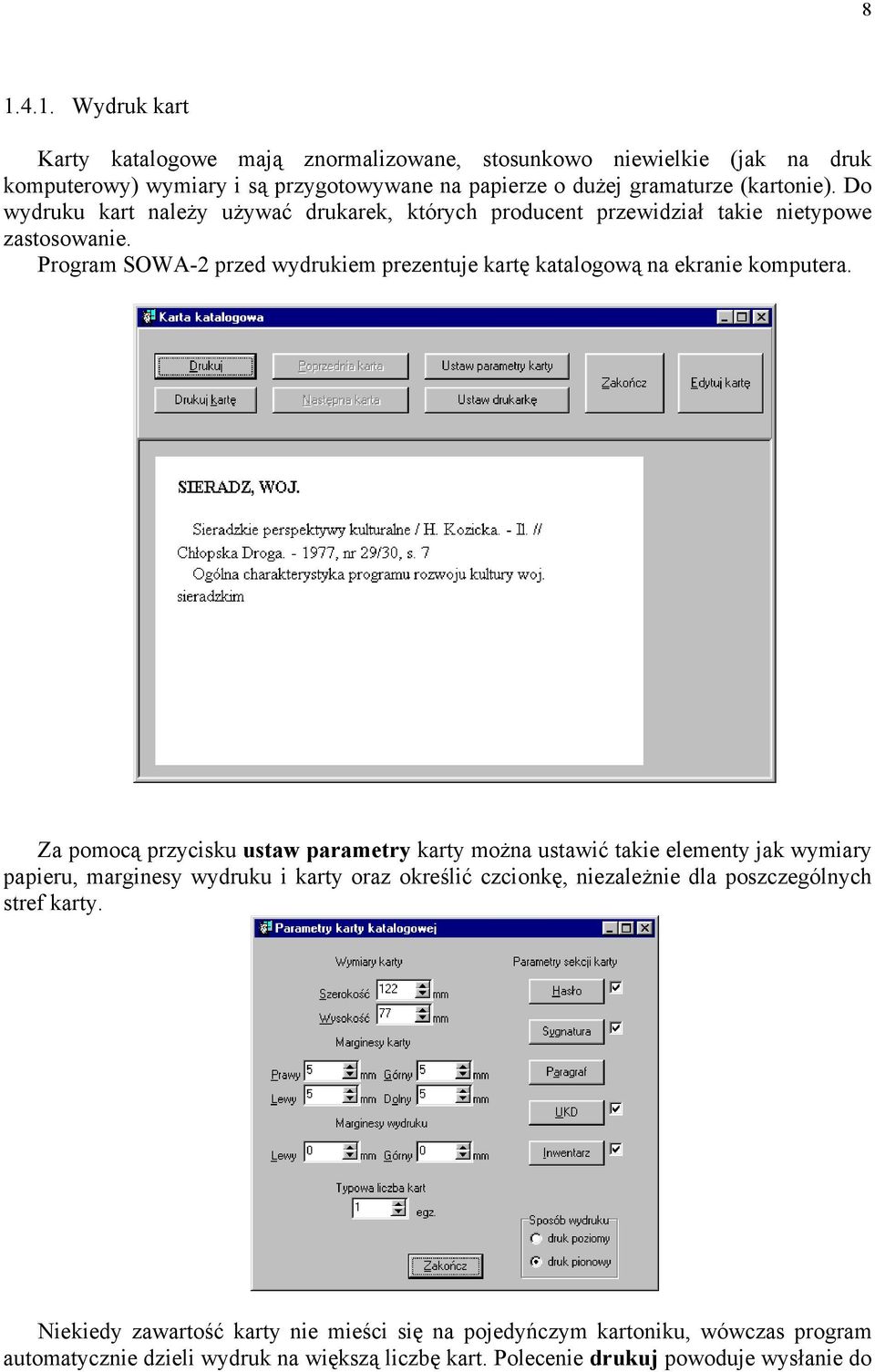 Program SOWA-2 przed wydrukiem prezentuje kartę katalogową na ekranie komputera.