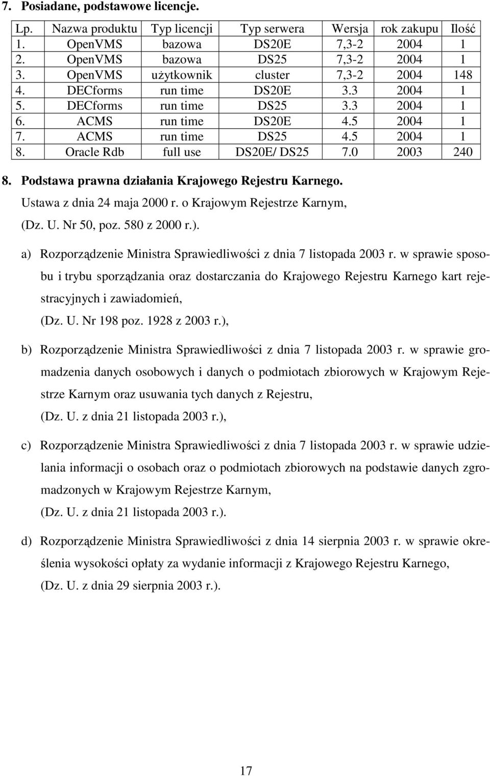 Oracle Rdb full use DS20E/ DS25 7.0 2003 240 8. Podstawa prawna działania Krajowego Rejestru Karnego. Ustawa z dnia 24 maja 2000 r. o Krajowym Rejestrze Karnym, (Dz. U. Nr 50, poz. 580 z 2000 r.).