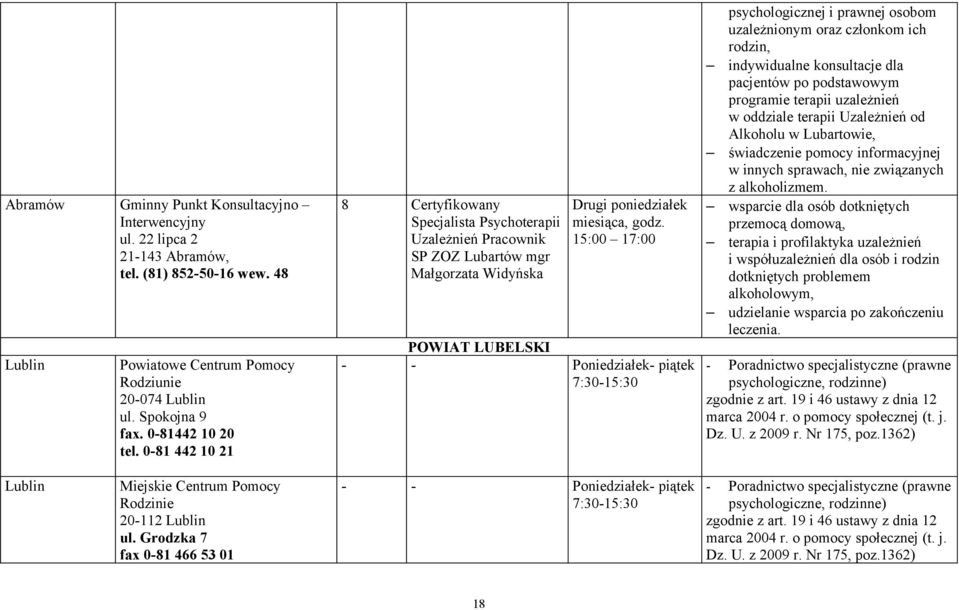 15:00 17:00 POWIAT LUBELSKI - - Poniedziałek- piątek 7:30-15:30 psychologicznej i prawnej osobom uzależnionym oraz członkom ich rodzin, indywidualne konsultacje dla pacjentów po podstawowym programie