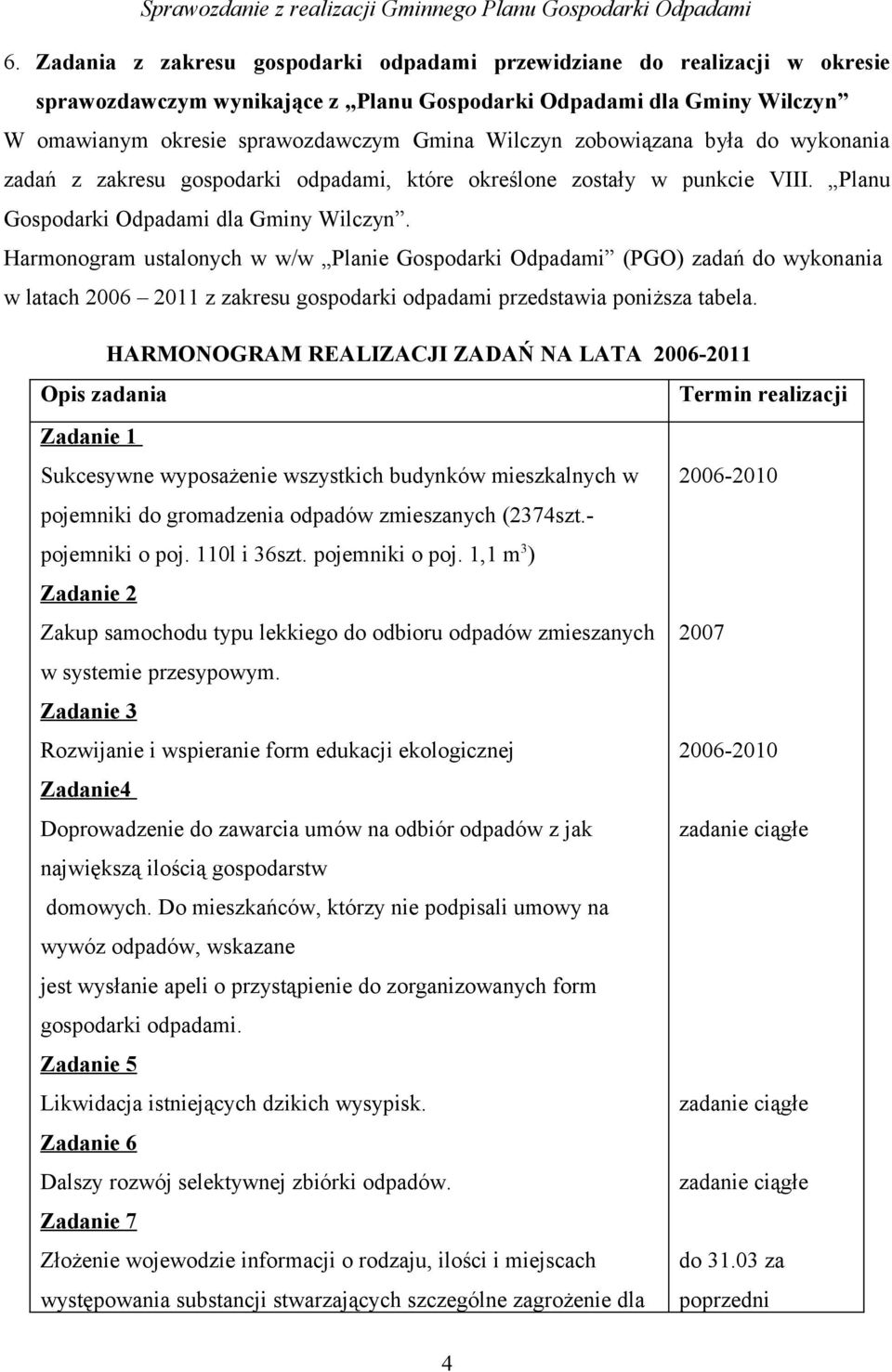 Harmonogram ustalonych w w/w Planie Gospodarki Odpadami (PGO) zadań do wykonania w latach 2006 2011 z zakresu gospodarki odpadami przedstawia poniższa tabela.