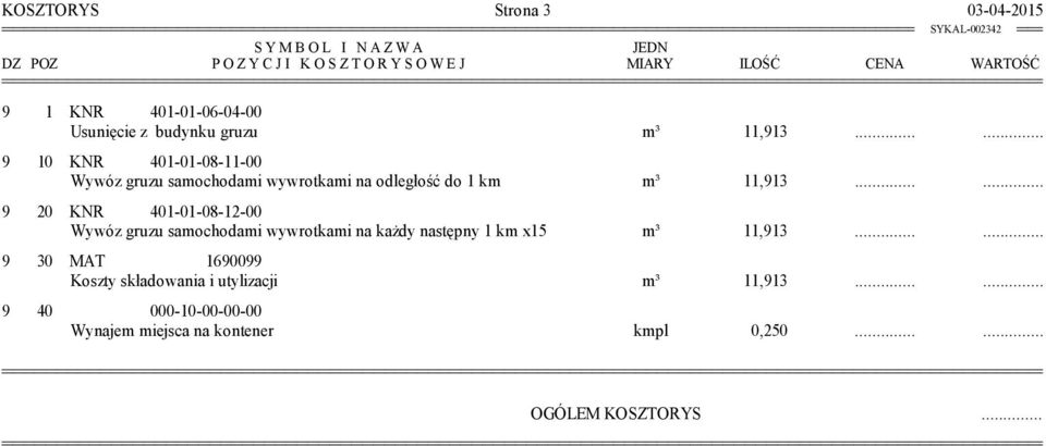 ..... 9 10 KNR 401-01-08-11-00 Wywóz gruzu samochodami wywrotkami na odległość do 1 km m³ 11,913.