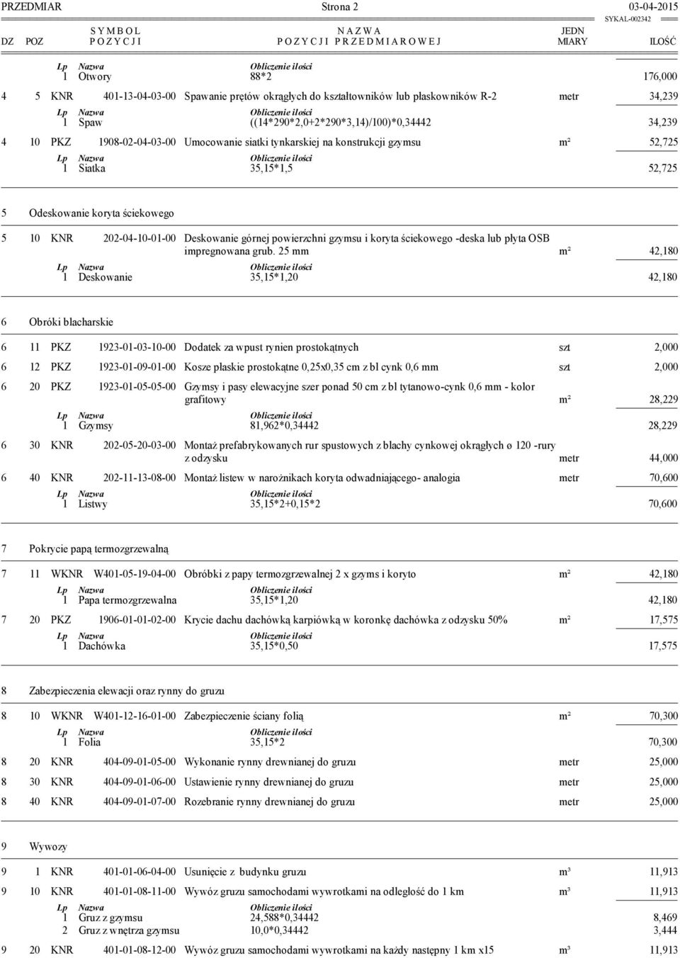 35,15*1,5 52,725 ILOŚĆ 5 Odeskowanie koryta ściekowego 5 10 KNR 202-04-10-01-00 Deskowanie górnej powierzchni gzymsu i koryta ściekowego -deska lub płyta OSB impregnowana grub.