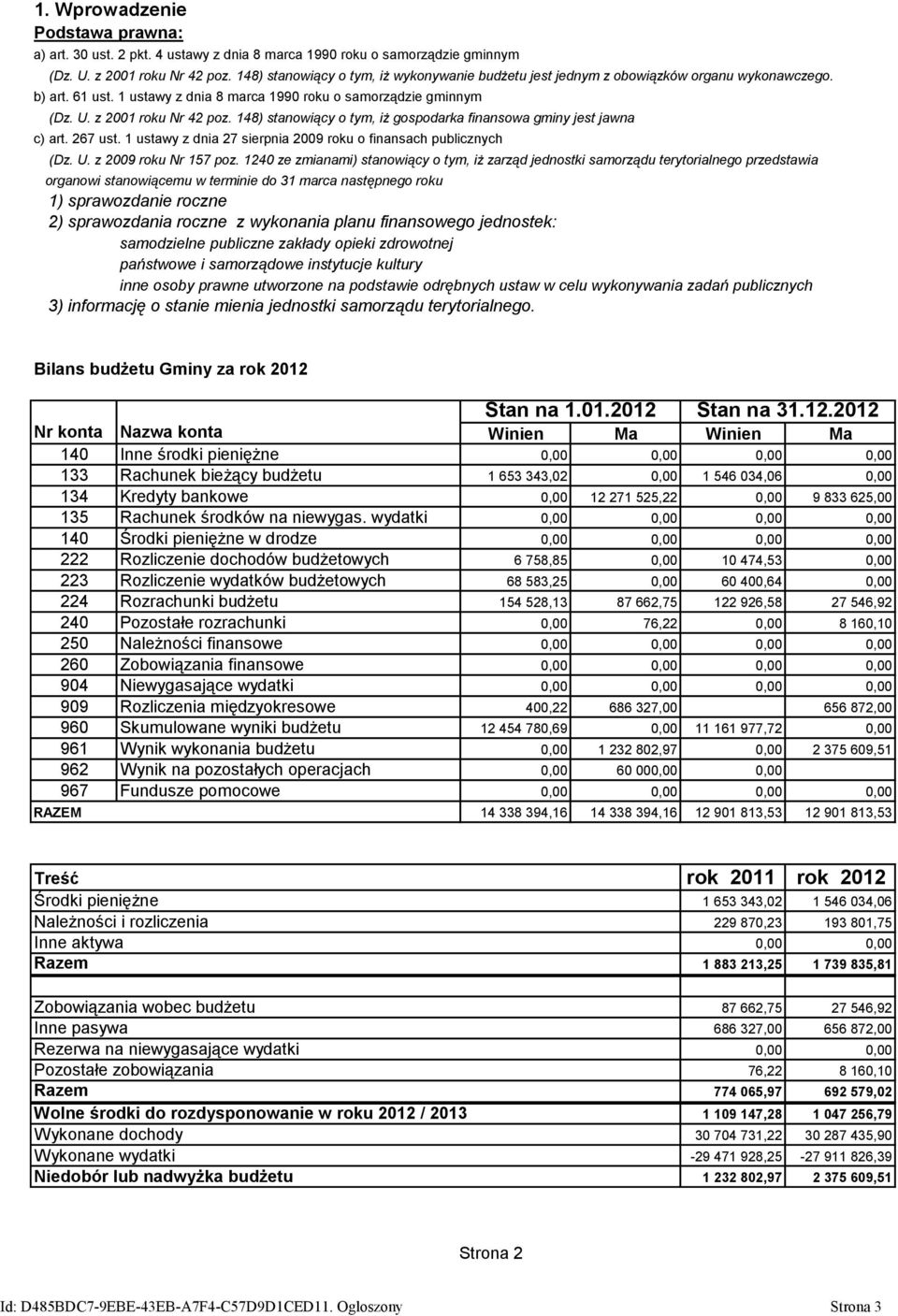 148) stanowiący o tym, iż gospodarka finansowa gminy jest jawna c) art. 267 ust. 1 ustawy z dnia 27 sierpnia 2009 roku o finansach publicznych (Dz. U. z 2009 roku Nr 157 poz.