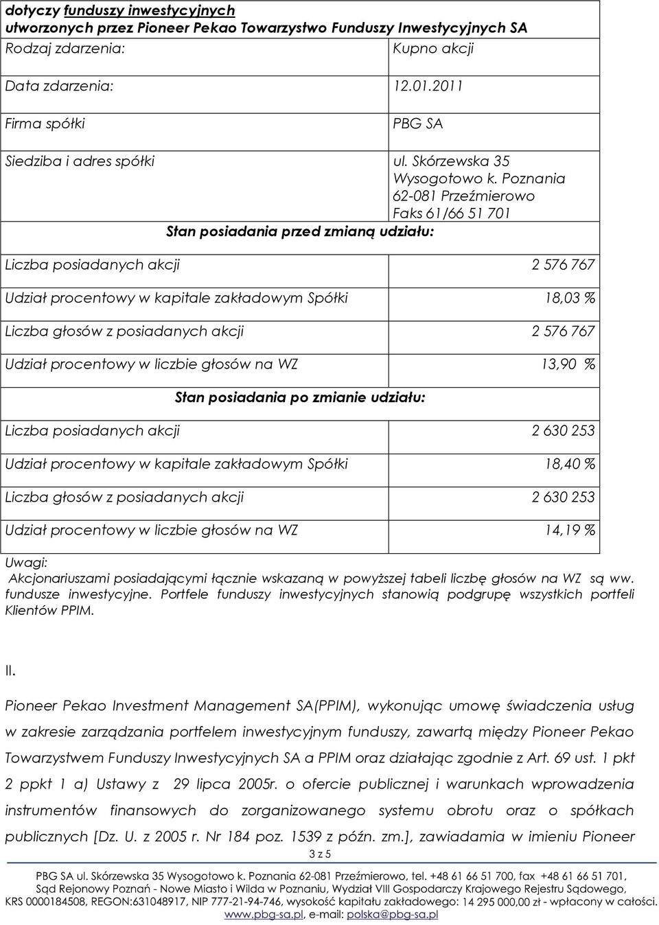 Liczba posiadanych akcji 2 630 253 Udział procentowy w kapitale zakładowym Spółki 18,40 % Liczba głosów z posiadanych akcji 2 630 253 Udział procentowy w liczbie głosów na WZ 14,19 % Akcjonariuszami