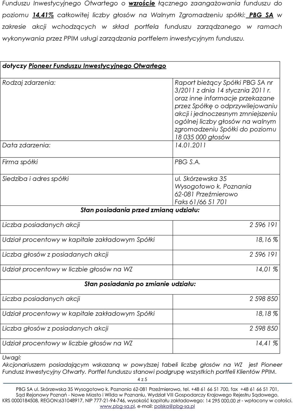 dotyczy Pioneer Funduszu Inwestycyjnego Otwartego Raport bieżący Spółki PBG SA nr 3/2011 z dnia 14 stycznia 2011 r.