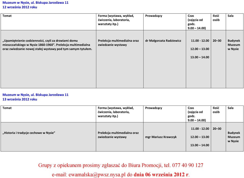 00 20 30 Budynek Muzeum w Nysie 13.00 14.00 Muzeum w Nysie, ul. Biskupa Jarosława 11 13 września 2012 roku (zajęcia od godz.