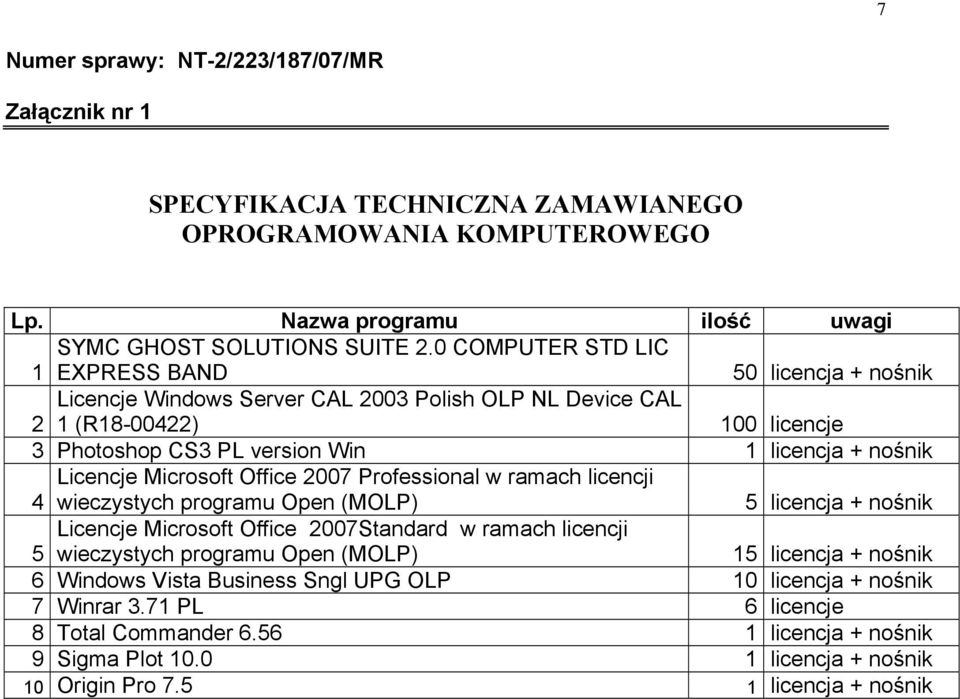 Licencje Microsoft Office 2007 Professional w ramach licencji 4 wieczystych programu Open (MOLP) 5 licencja + nośnik Licencje Microsoft Office 2007Standard w ramach licencji 5 wieczystych programu