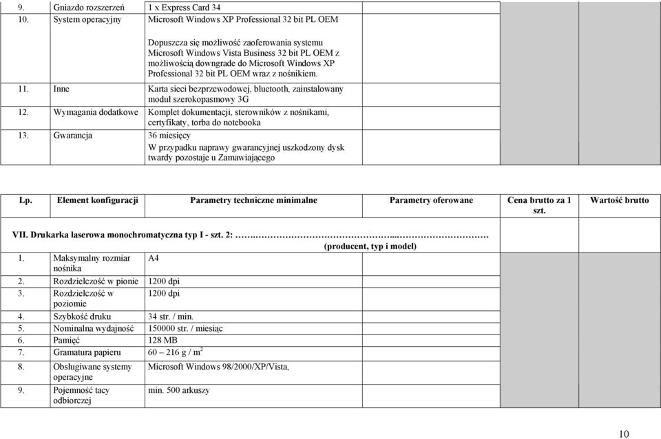 Windows XP Professional 32 bit PL OEM wraz z nośnikiem. 11. Inne Karta sieci bezprzewodowej, bluetooth, zainstalowany moduł szerokopasmowy 3G 12. 13.