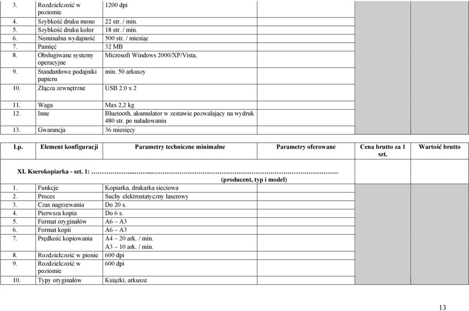 Inne Bluetooth, akumulator w zestawie pozwalający na wydruk 480 str. po naładowaniu 13. Gwarancja 36 miesięcy XI. Kserokopiarka - 1:....... 1. Funkcje Kopiarka, drukarka sieciowa 2.