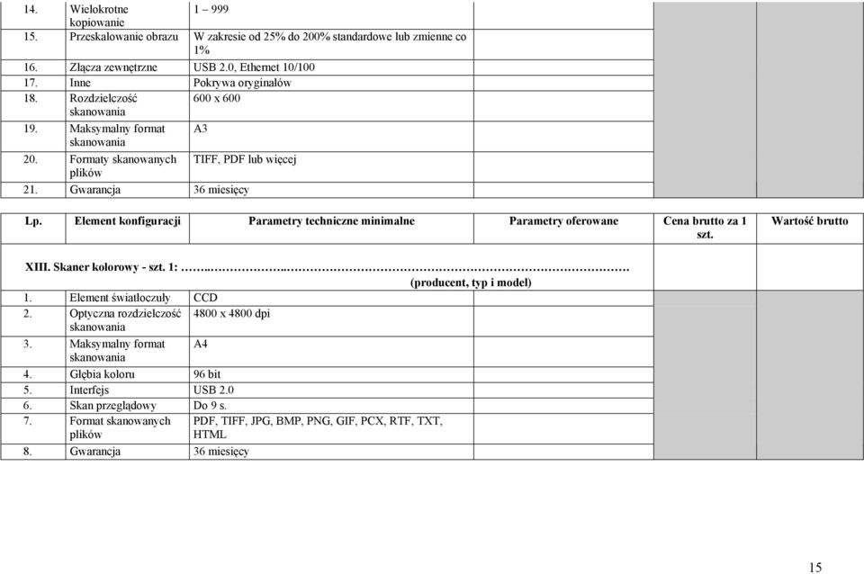 Gwarancja 36 miesięcy XIII. Skaner kolorowy - 1:..... 1. Element światłoczuły CCD 2. Optyczna rozdzielczość 4800 x 4800 dpi skanowania 3.