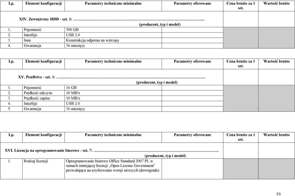 Interfejs USB 2.0 5. Gwarancja 36 miesięcy XVI. Licencja na oprogramowanie biurowe - 7:. 1.