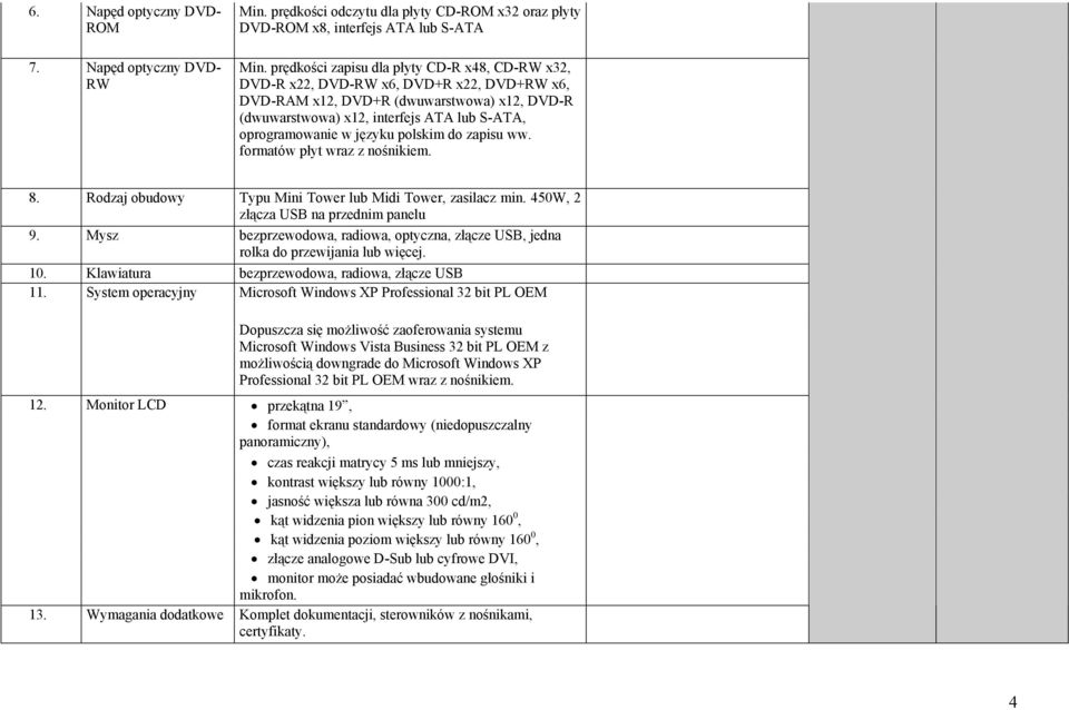 języku polskim do zapisu ww. formatów płyt wraz z nośnikiem. 8. Rodzaj obudowy Typu Mini Tower lub Midi Tower, zasilacz min. 450W, 2 złącza USB na przednim panelu 9.