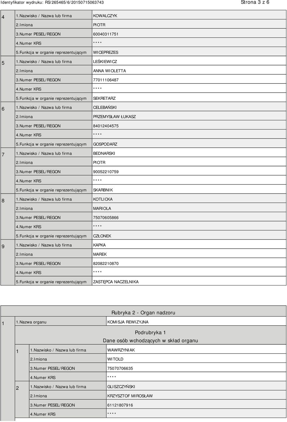 Numer PESEL/REGON 90052210759 SKARBNIK 8 1.Nazwisko / Nazwa lub firma KOTLICKA MARIOLA 3.Numer PESEL/REGON 75070605866 CZŁONEK 9 1.Nazwisko / Nazwa lub firma KAPKA MAREK 3.