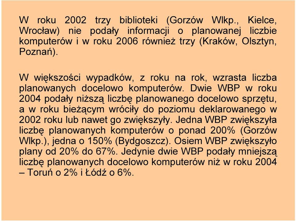 Dwie WBP w roku 2004 podały niższą liczbę planowanego docelowo sprzętu, a w roku bieżącym wróciły do poziomu deklarowanego w 2002 roku lub nawet go zwiększyły.