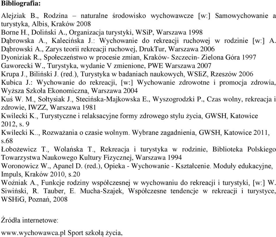 , Społeczeństwo w procesie zmian, Kraków- Szczecin- Zielona Góra 1997 Gaworecki W., Turystyka, wydanie V zmienione, PWE Warszawa 2007 Krupa J., Biliński J. (red.