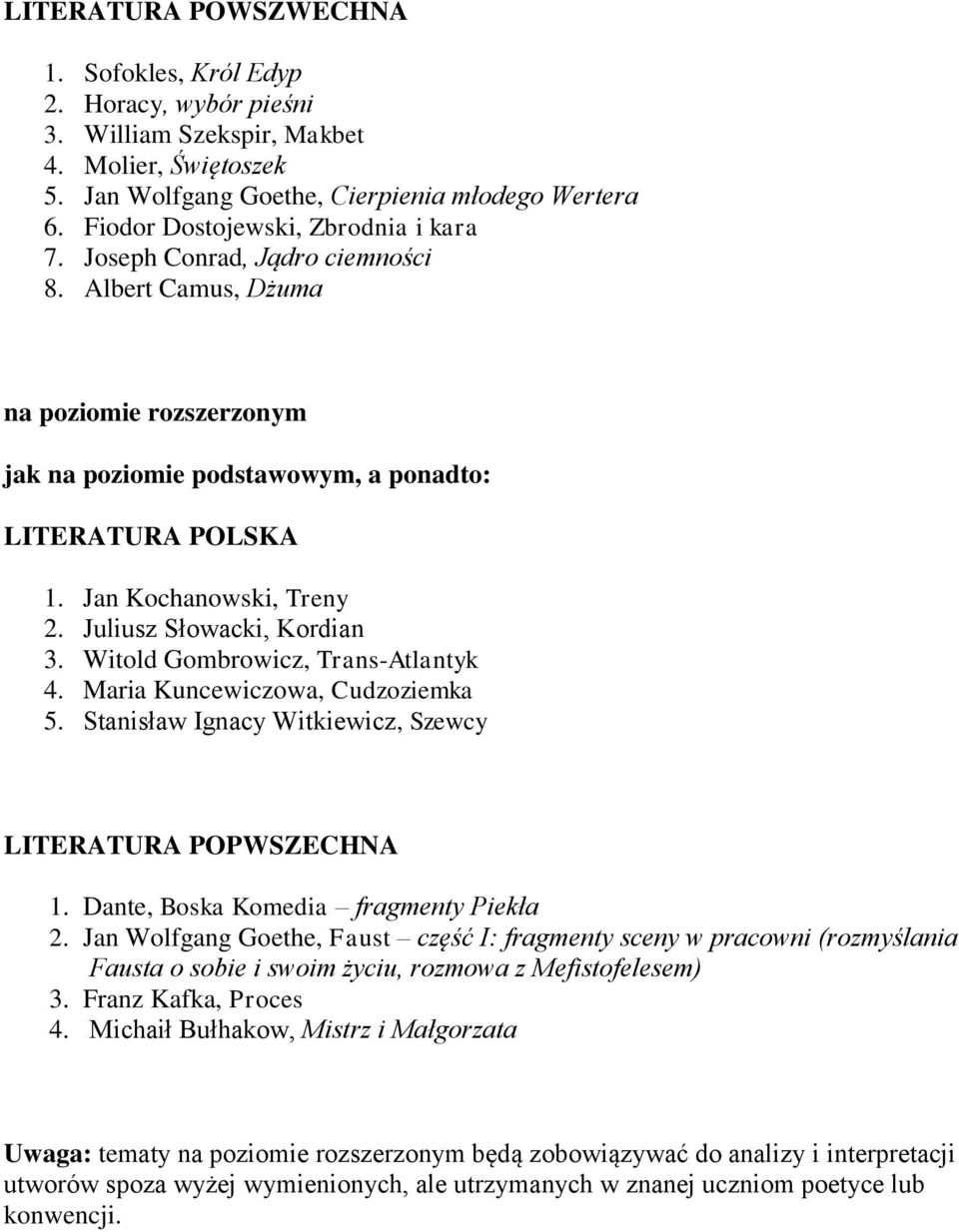 Jan Kochanowski, Treny 2. Juliusz Słowacki, Kordian 3. Witold Gombrowicz, Trans-Atlantyk 4. Maria Kuncewiczowa, Cudzoziemka 5. Stanisław Ignacy Witkiewicz, Szewcy LITERATURA POPWSZECHNA 1.