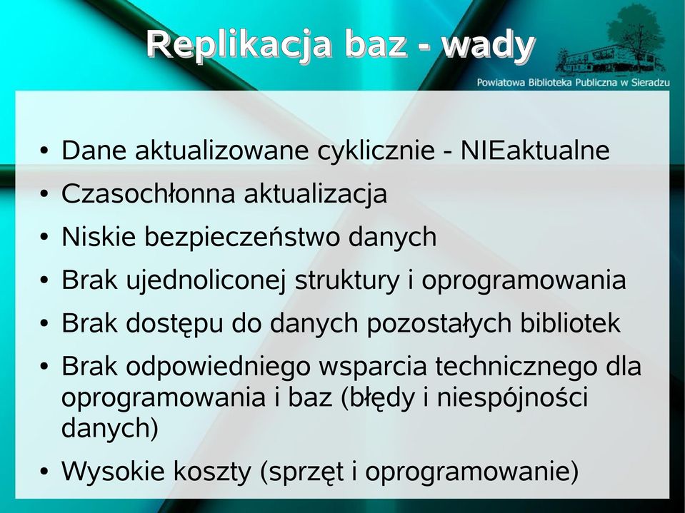 oprogramowania Brak dostępu do danych pozostałych bibliotek Brak odpowiedniego