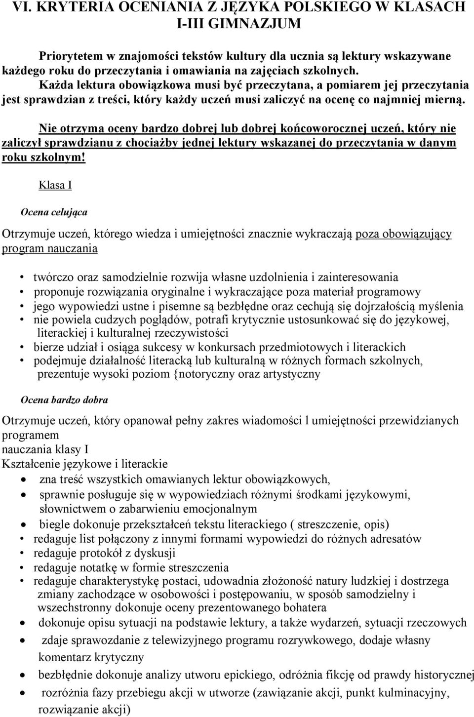 Nie otrzyma oceny bardzo dobrej lub dobrej końcoworocznej uczeń, który nie zaliczył sprawdzianu z chociażby jednej lektury wskazanej do przeczytania w danym roku szkolnym!