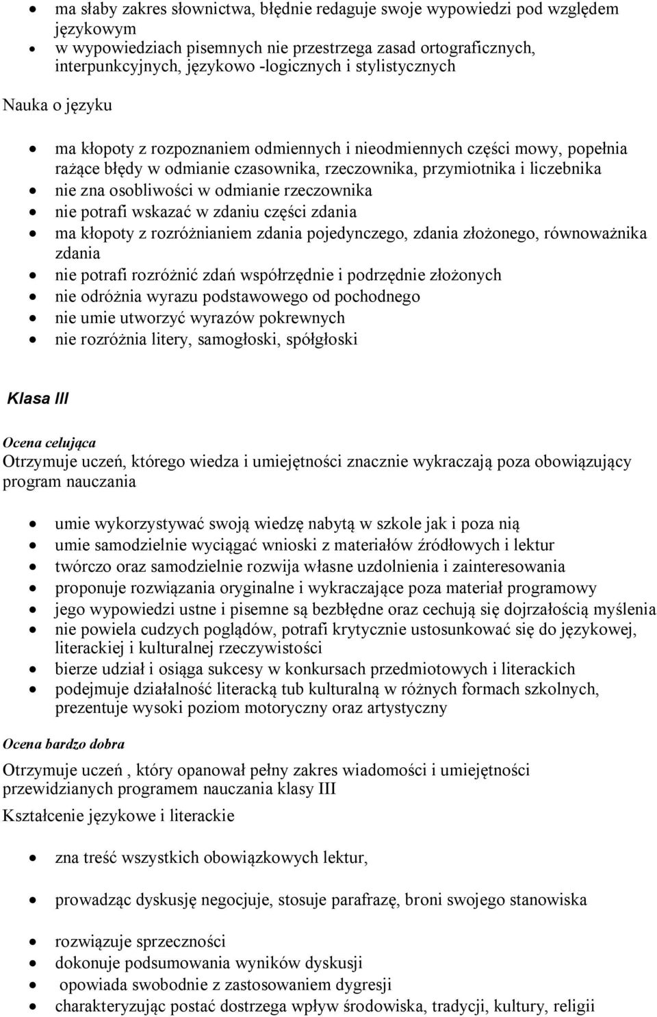 rzeczownika nie potrafi wskazać w zdaniu części zdania ma kłopoty z rozróżnianiem zdania pojedynczego, zdania złożonego, równoważnika zdania nie potrafi rozróżnić zdań współrzędnie i podrzędnie