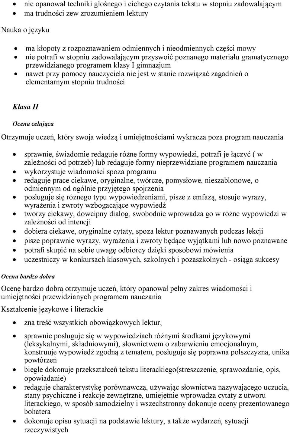 trudności Klasa II Ocena celująca Otrzymuje uczeń, który swoja wiedzą i umiejętnościami wykracza poza program nauczania sprawnie, świadomie redaguje różne formy wypowiedzi, potrafi je łączyć ( w