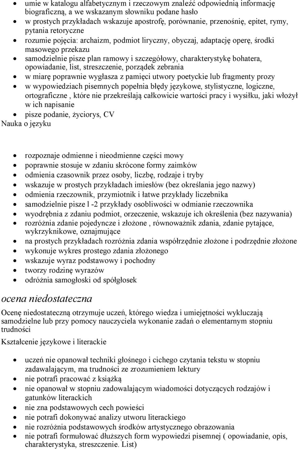 opowiadanie, list, streszczenie, porządek zebrania w miarę poprawnie wygłasza z pamięci utwory poetyckie lub fragmenty prozy w wypowiedziach pisemnych popełnia błędy językowe, stylistyczne, logiczne,