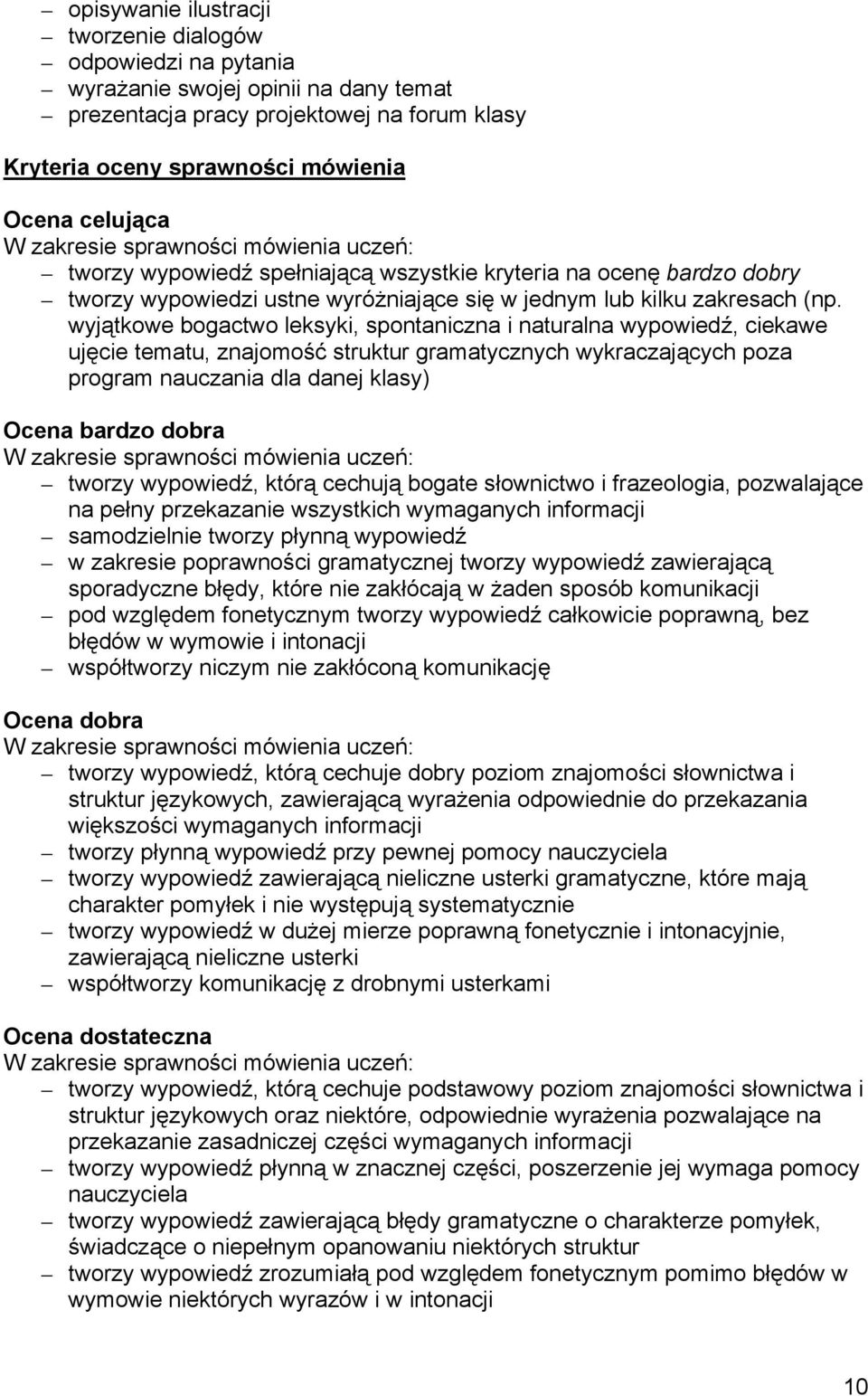 wyjątkowe bogactwo leksyki, spontaniczna i naturalna wypowiedź, ciekawe ujęcie tematu, znajomość struktur gramatycznych wykraczających poza program nauczania dla danej klasy) Ocena bardzo dobra W