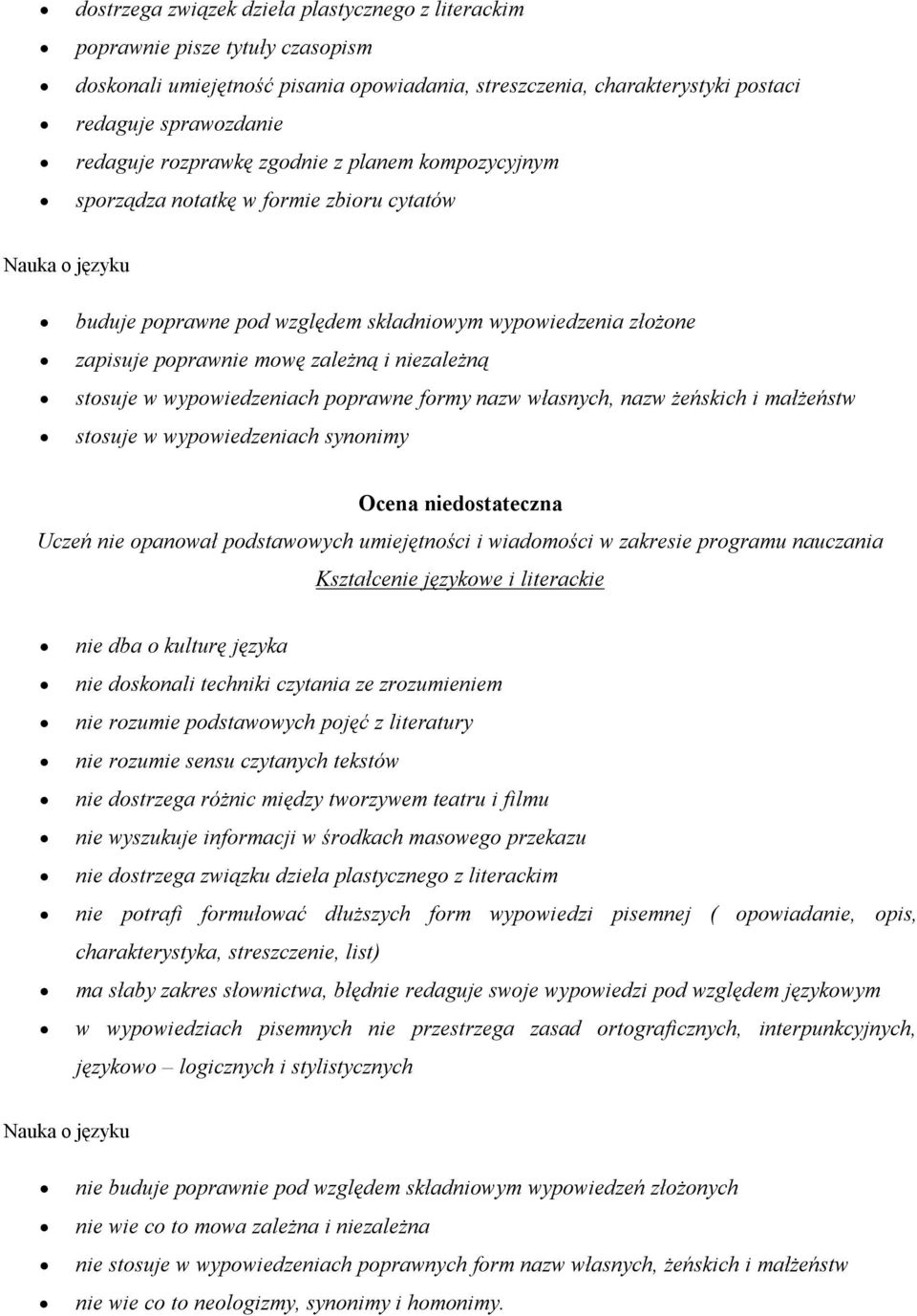 w wypowiedzeniach poprawne formy nazw własnych, nazw żeńskich i małżeństw stosuje w wypowiedzeniach synonimy Ocena niedostateczna Uczeń nie opanował podstawowych umiejętności i wiadomości w zakresie