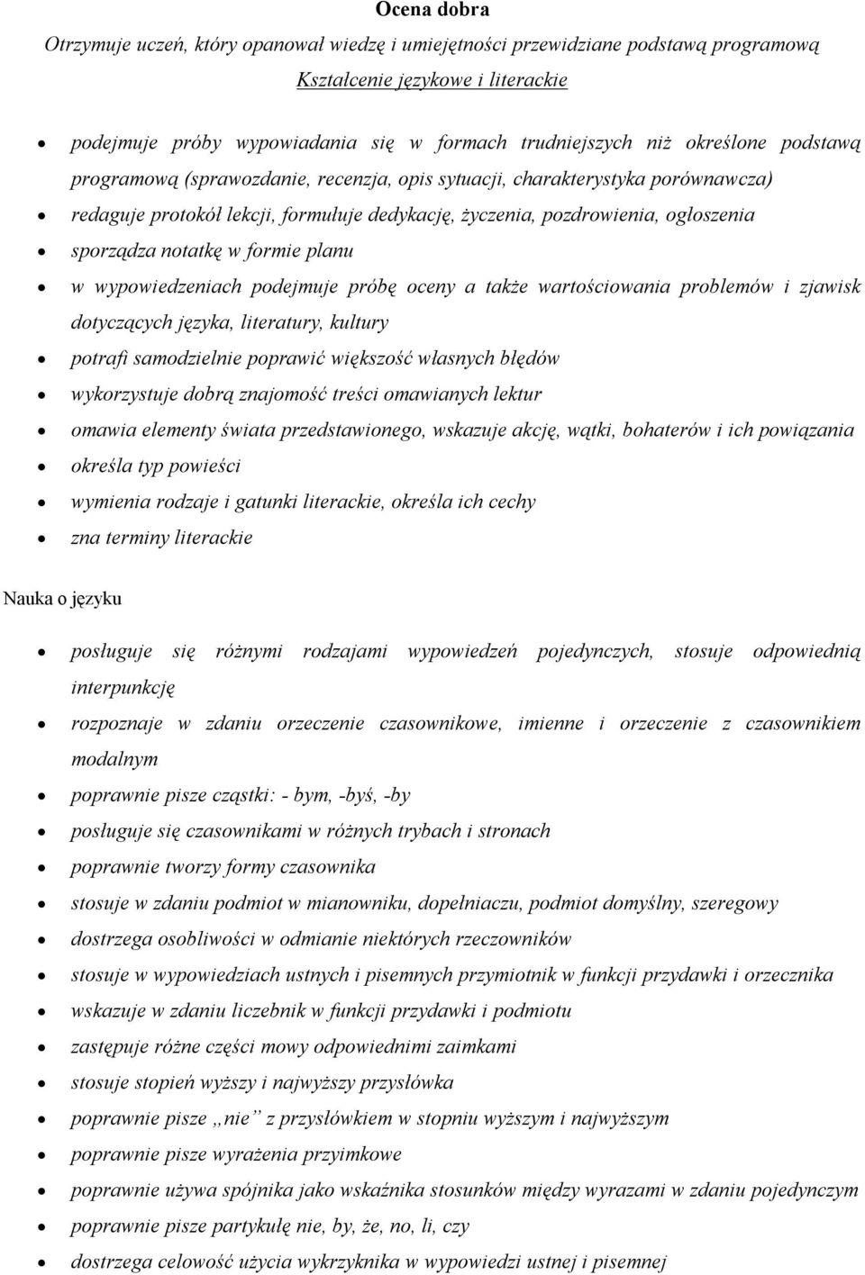 wypowiedzeniach podejmuje próbę oceny a także wartościowania problemów i zjawisk dotyczących języka, literatury, kultury potrafi samodzielnie poprawić większość własnych błędów wykorzystuje dobrą