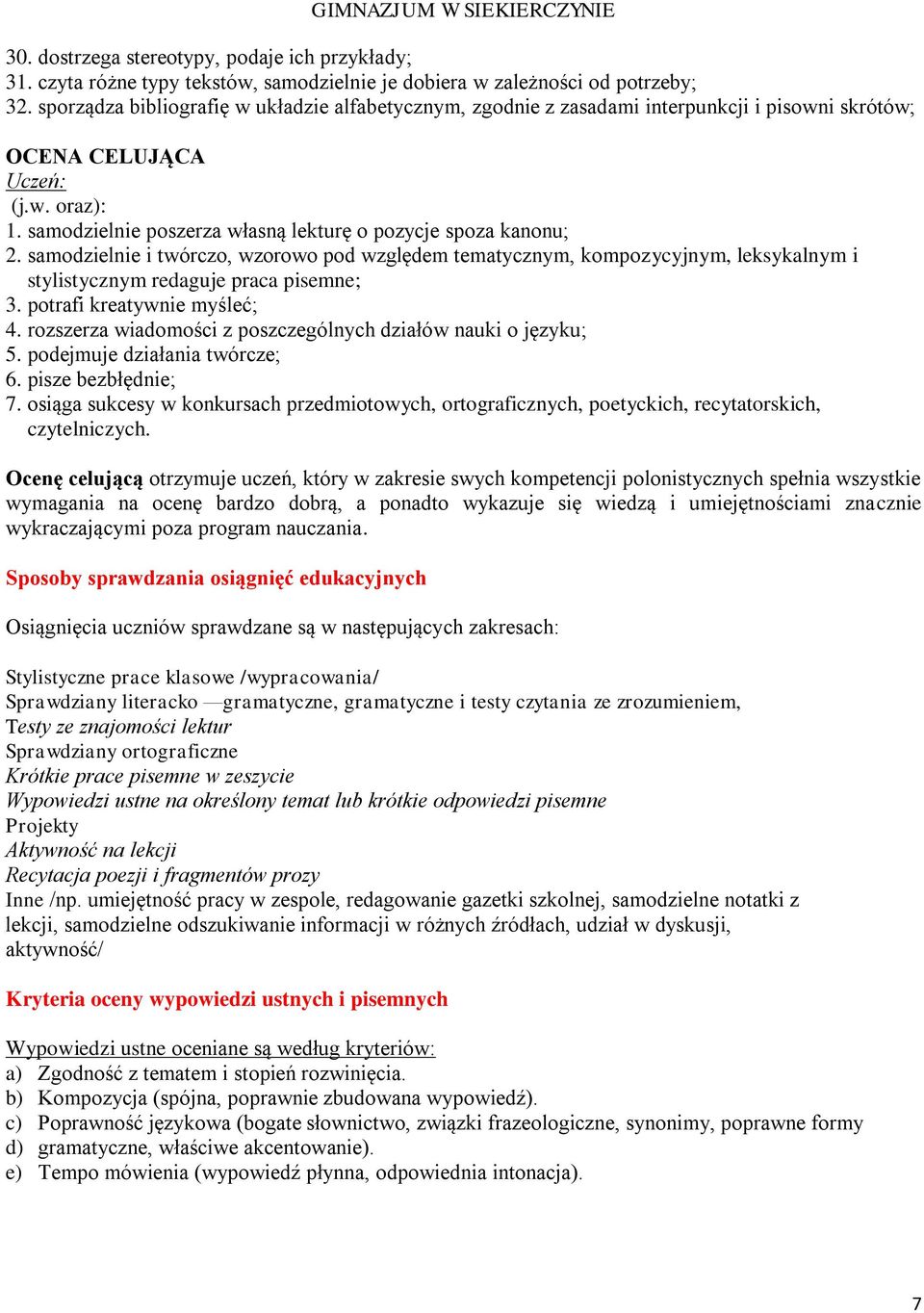 samodzielnie poszerza własną lekturę o pozycje spoza kanonu; 2. samodzielnie i twórczo, wzorowo pod względem tematycznym, kompozycyjnym, leksykalnym i stylistycznym redaguje praca pisemne; 3.