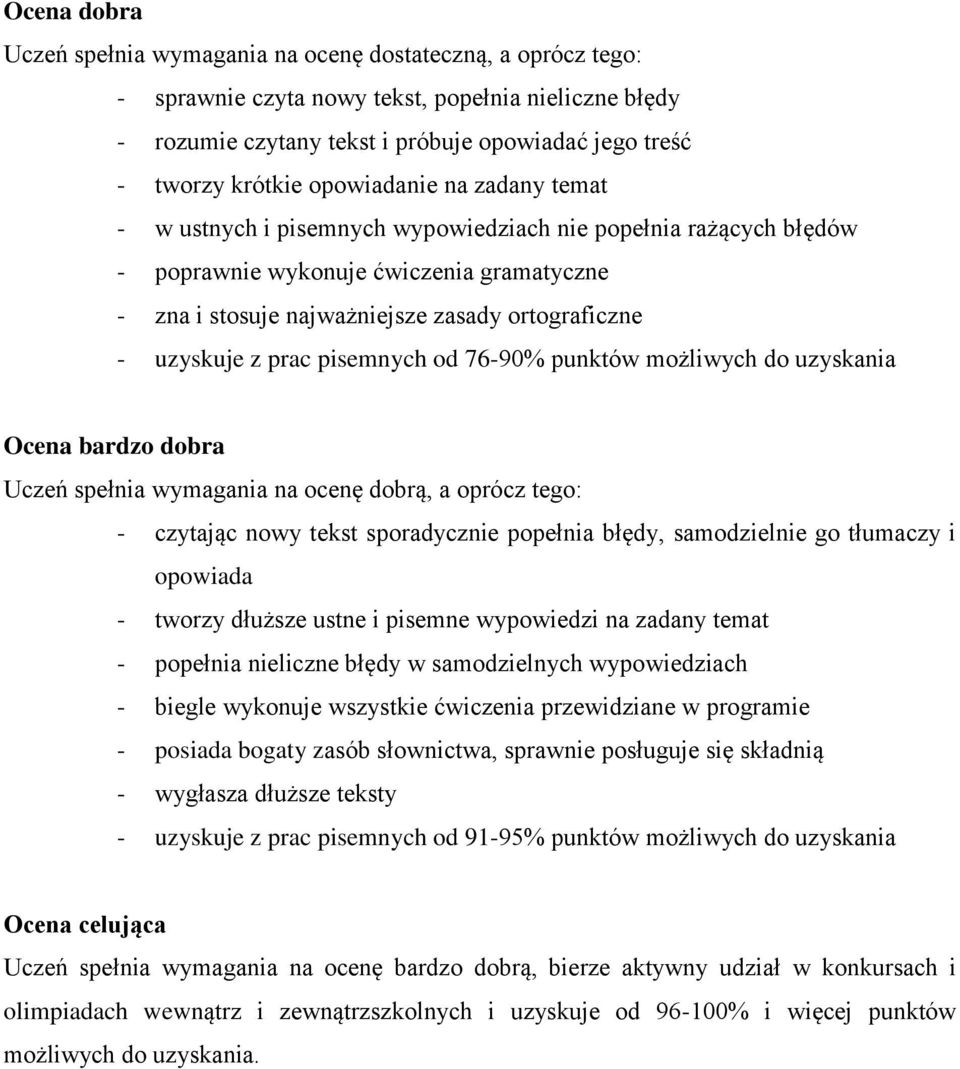 z prac pisemnych od 76-90% punktów możliwych do uzyskania Ocena bardzo dobra Uczeń spełnia wymagania na ocenę dobrą, a oprócz tego: - czytając nowy tekst sporadycznie popełnia błędy, samodzielnie go