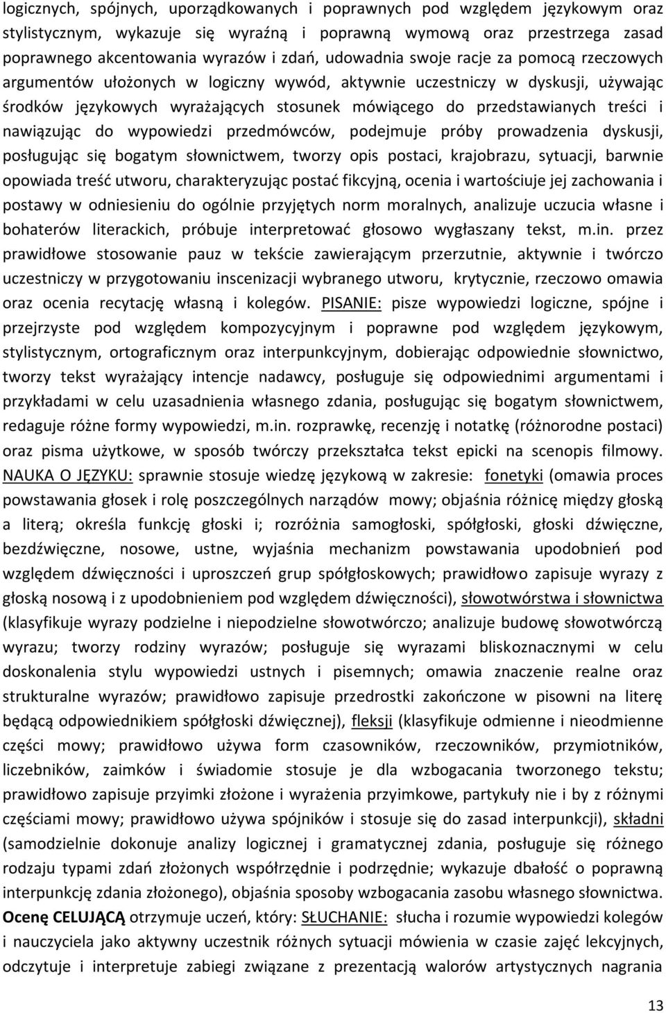 treści i nawiązując do wypowiedzi przedmówców, podejmuje próby prowadzenia dyskusji, posługując się bogatym słownictwem, tworzy opis postaci, krajobrazu, sytuacji, barwnie opowiada treść utworu,