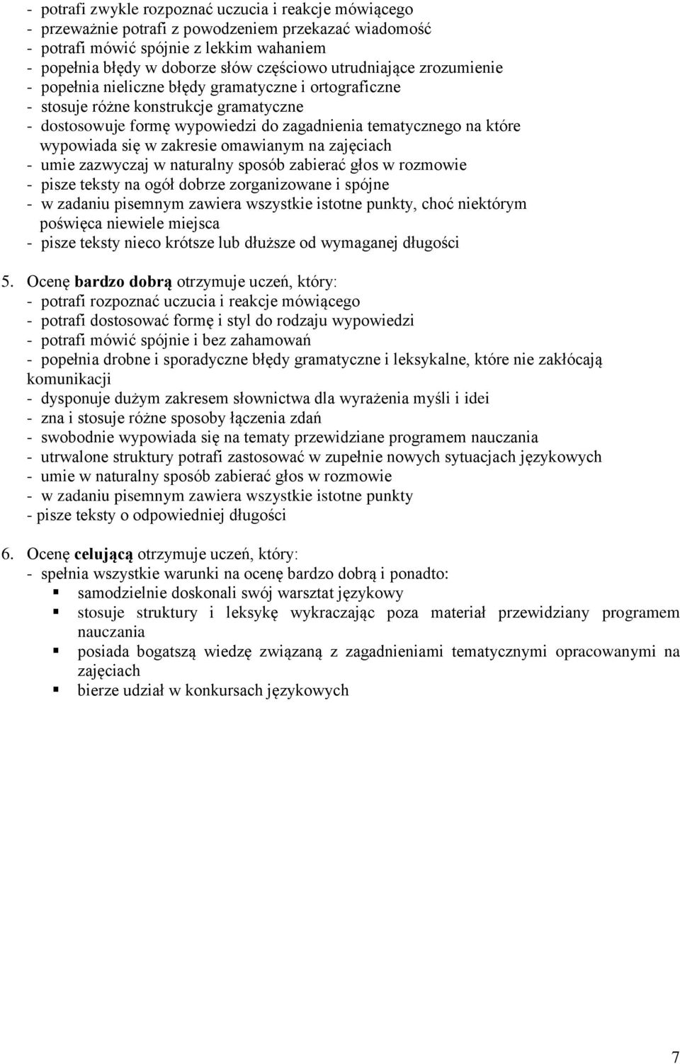 się w zakresie omawianym na zajęciach - umie zazwyczaj w naturalny sposób zabierać głos w rozmowie - pisze teksty na ogół dobrze zorganizowane i spójne - w zadaniu pisemnym zawiera wszystkie istotne