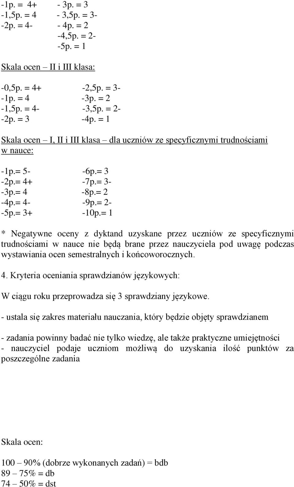 = 1 * Negatywne oceny z dyktand uzyskane przez uczniów ze specyficznymi trudnościami w nauce nie będą brane przez nauczyciela pod uwagę podczas wystawiania ocen semestralnych i końcoworocznych. 4.