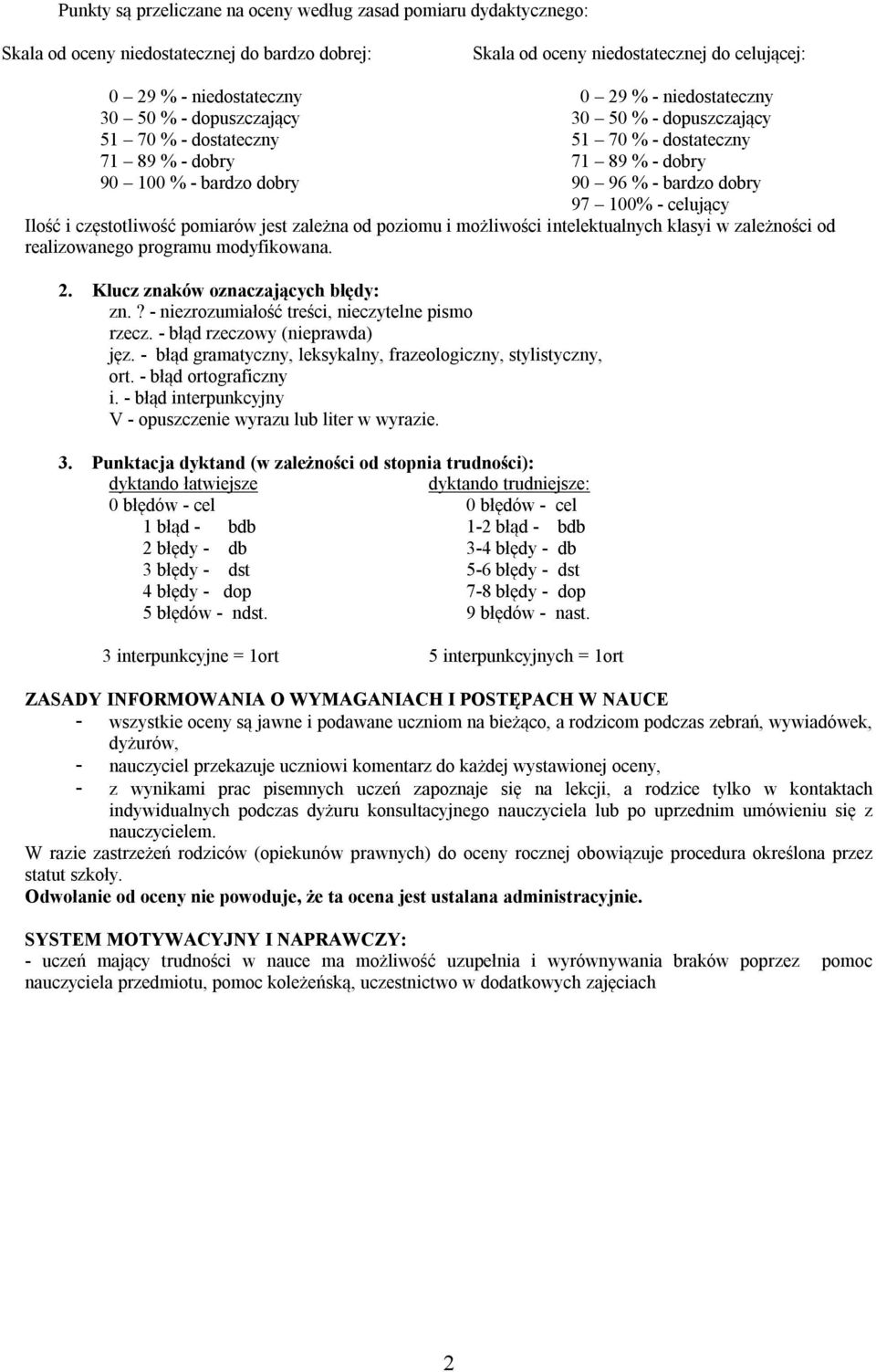 celujący Ilość i częstotliwość pomiarów jest zależna od poziomu i możliwości intelektualnych klasyi w zależności od realizowanego programu modyfikowana. 2. Klucz znaków oznaczających błędy: zn.