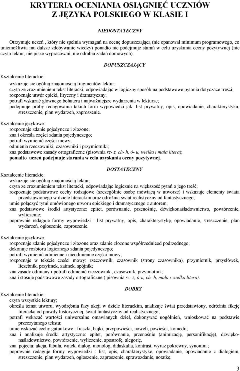 DOPUSZCZAJĄCY wykazuje się ogólną znajomością fragmentów lektur; czyta ze zrozumieniem tekst literacki, odpowiadając w logiczny sposób na podstawowe pytania dotyczące treści; rozpoznaje utwór epicki,