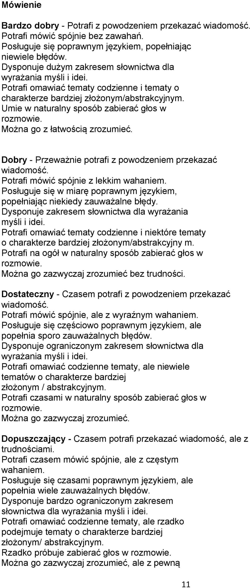 Umie w naturalny sposób zabierać głos w rozmowie. Można go z łatwością zrozumieć. Dobry - Przeważnie potrafi z powodzeniem przekazać wiadomość. Potrafi mówić spójnie z lekkim wahaniem.