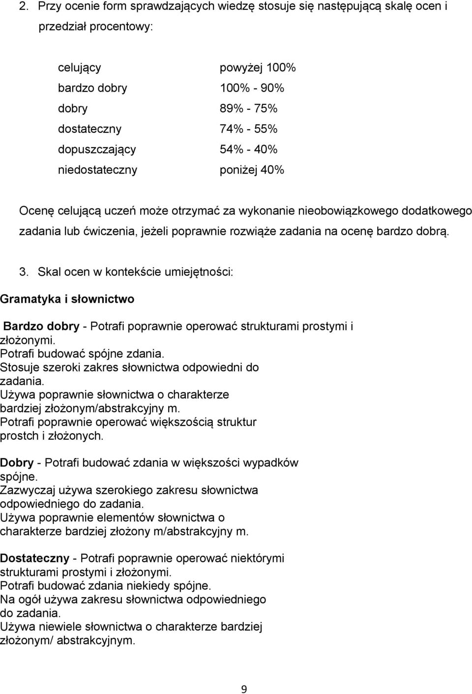 Skal ocen w kontekście umiejętności: Gramatyka i słownictwo Bardzo dobry - Potrafi poprawnie operować strukturami prostymi i złożonymi. Potrafi budować spójne zdania.