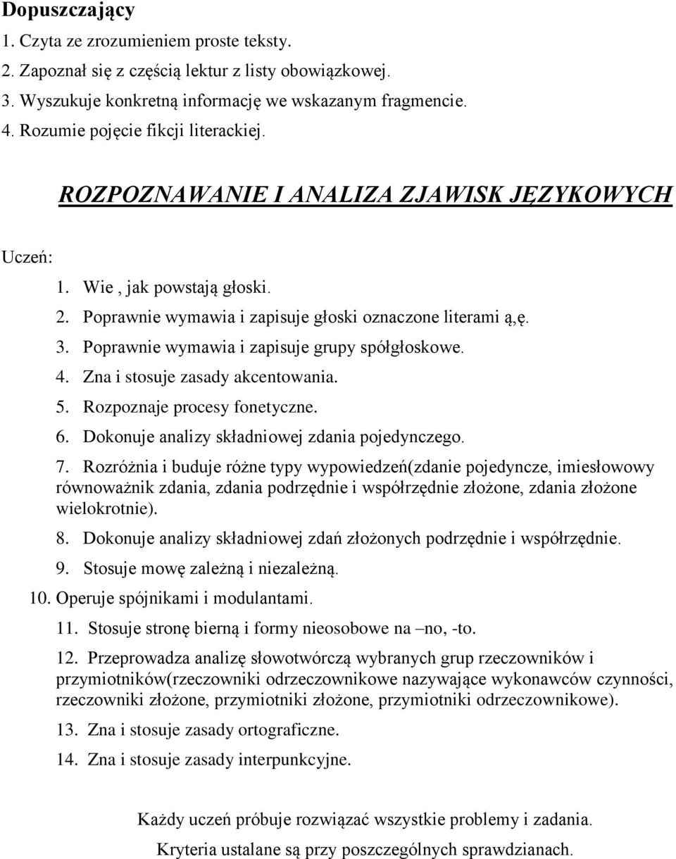 Poprawnie wymawia i zapisuje grupy spółgłoskowe. 4. Zna i stosuje zasady akcentowania. 5. Rozpoznaje procesy fonetyczne. 6. Dokonuje analizy składniowej zdania pojedynczego. 7.