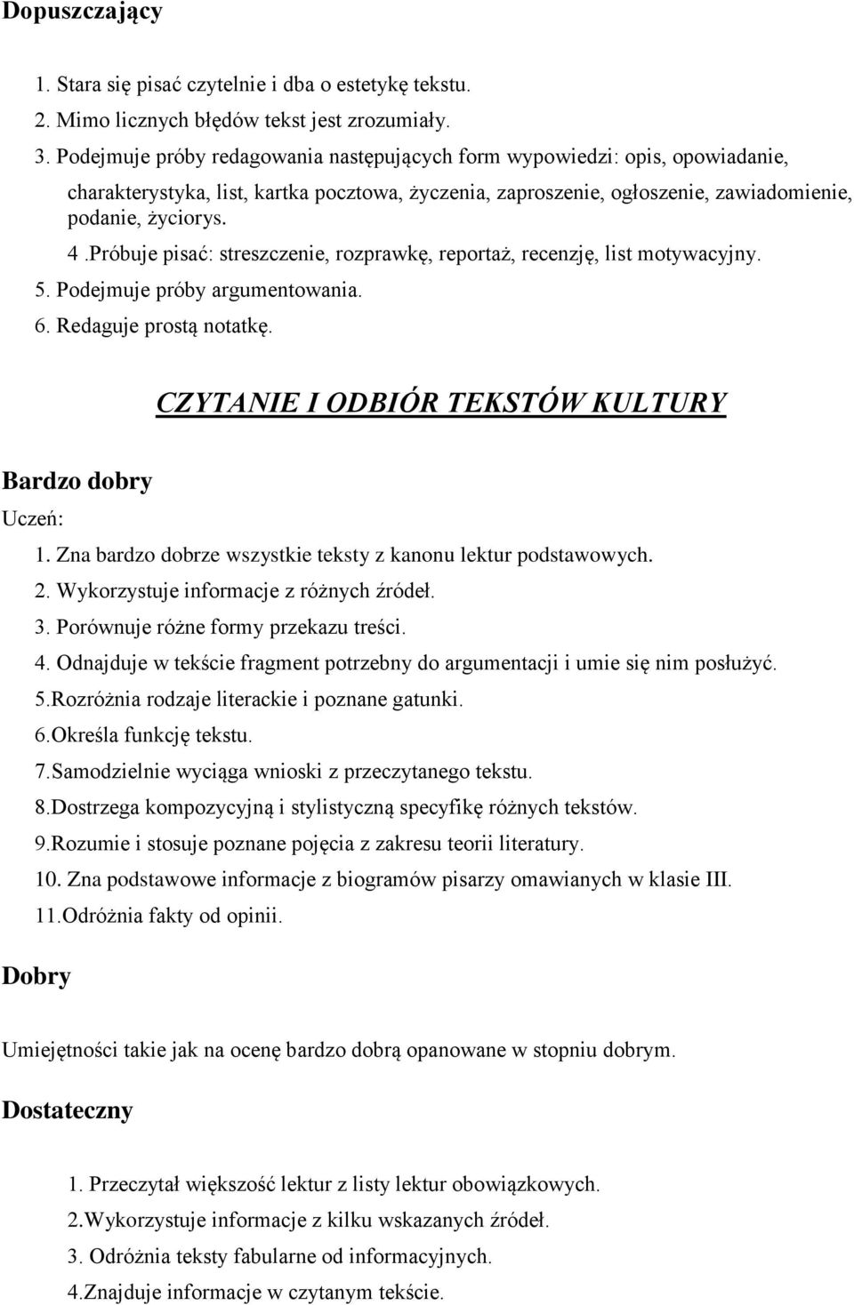 Próbuje pisać: streszczenie, rozprawkę, reportaż, recenzję, list motywacyjny. 5. Podejmuje próby argumentowania. 6. Redaguje prostą notatkę. CZYTANIE I ODBIÓR TEKSTÓW KULTURY Bardzo dobry 1.